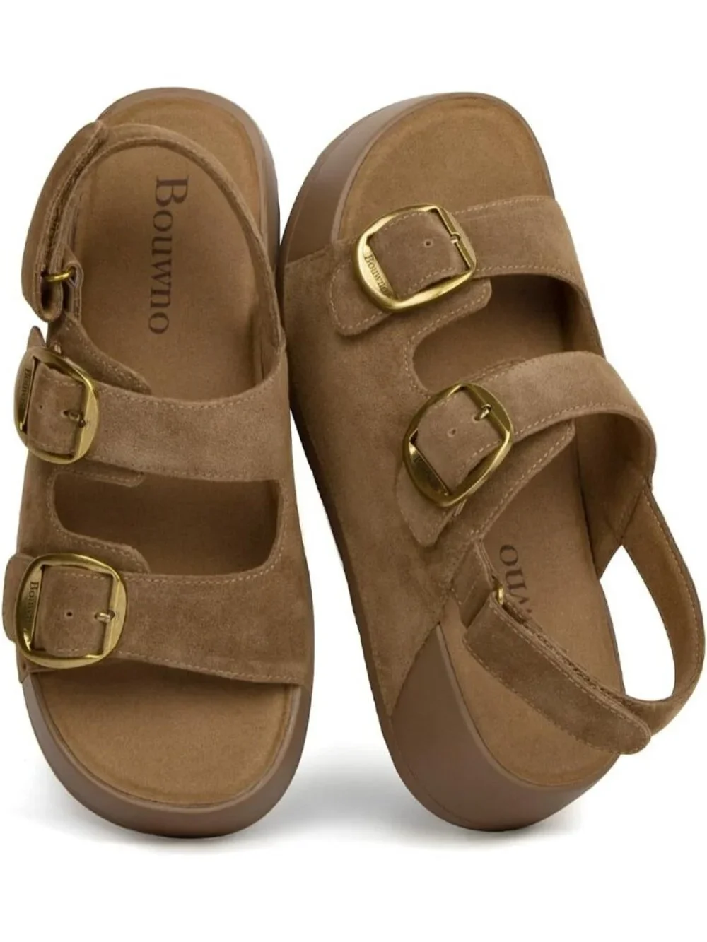 Women's Brown Ankle Strap Genuine Leather Slip on Beach Platform Sandal Shoes